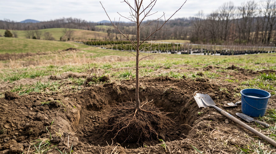 A dormant bare-root sapling set in a wide planting hole in a field, with a shovel and bucket of water beside it