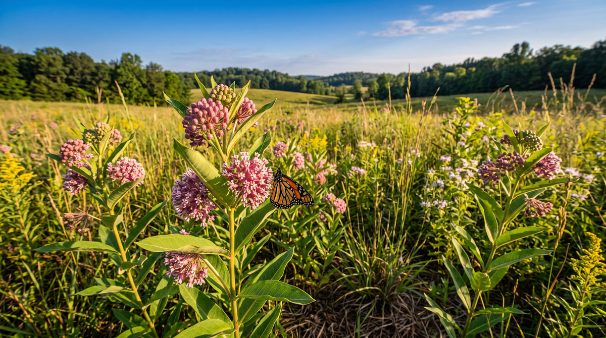 Common milkweed in bloom with pink flower clusters and a monarch butterfly at the edge of a sunny meadow