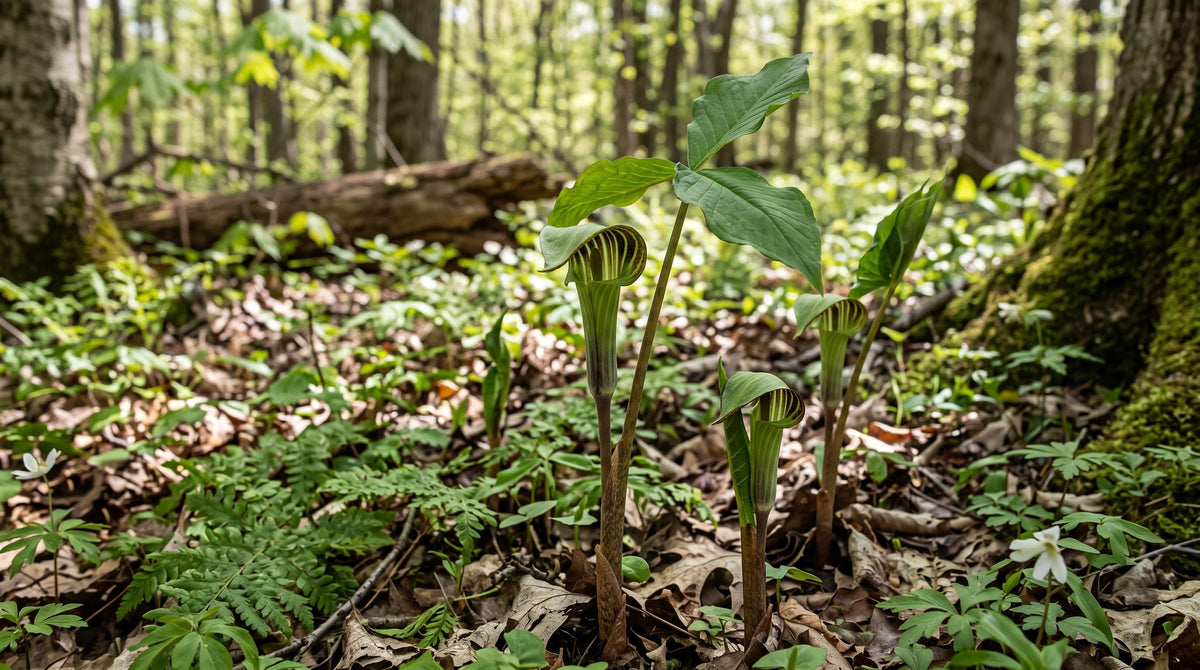Jack-in-the-pulpit plants with three-part leaves and hooded flowers growing on a shady woodland floor in spring