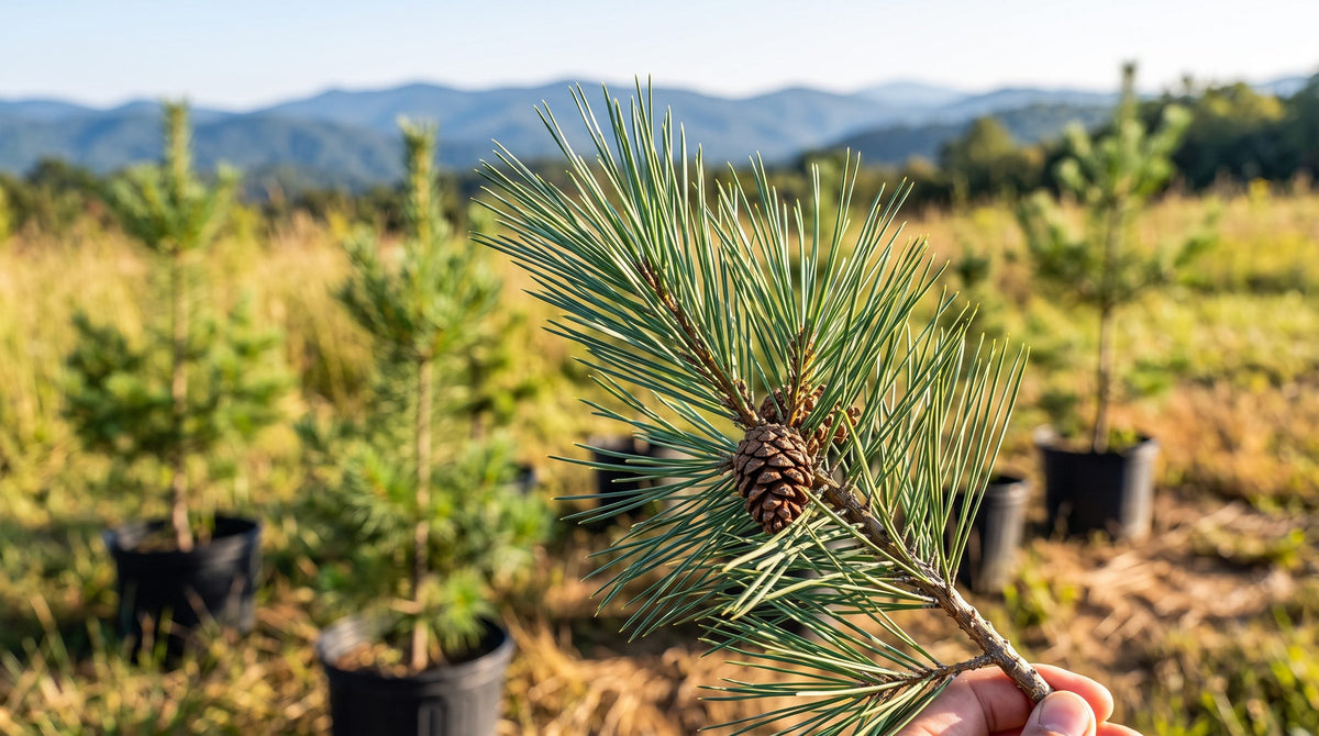 Pine branch with bundles of green needles and a small cone, young pines in a sunny field behind