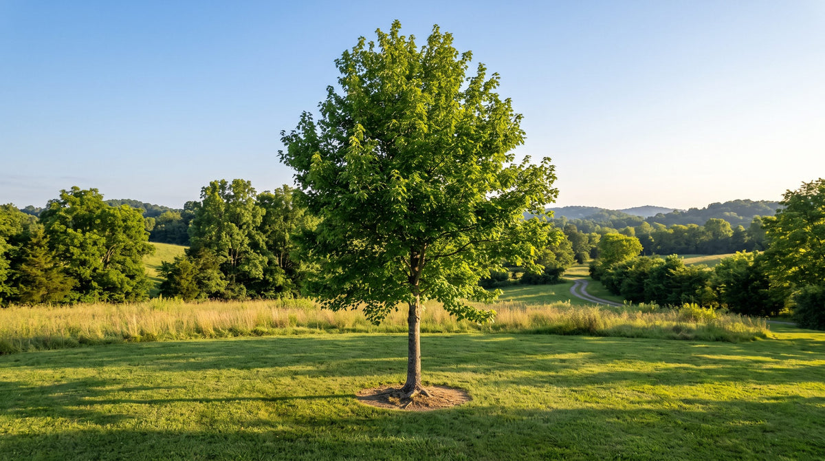 Young red maple shade tree with a full green canopy casting shade on a lawn in a rural Tennessee yard