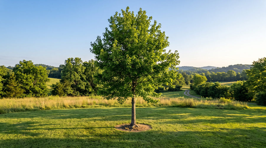 Young red maple shade tree with a full green canopy casting shade on a lawn in a rural Tennessee yard