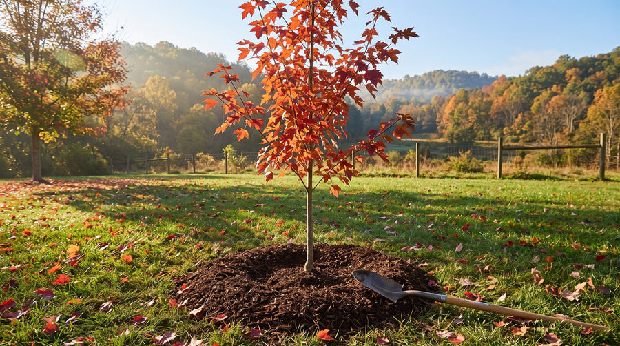 Young red maple tree newly planted in fall, with a ring of mulch, a spade and fallen autumn leaves on the grass